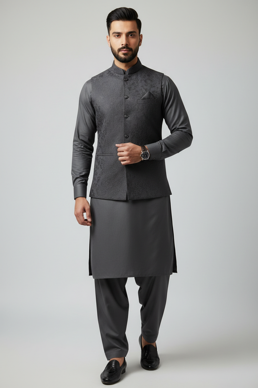 Man wearing charcoal grey shalwar kameez suit
