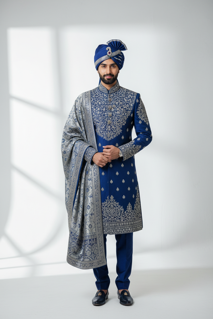 Pakistani groom wearing royal blue and silver embroidered wedding suit