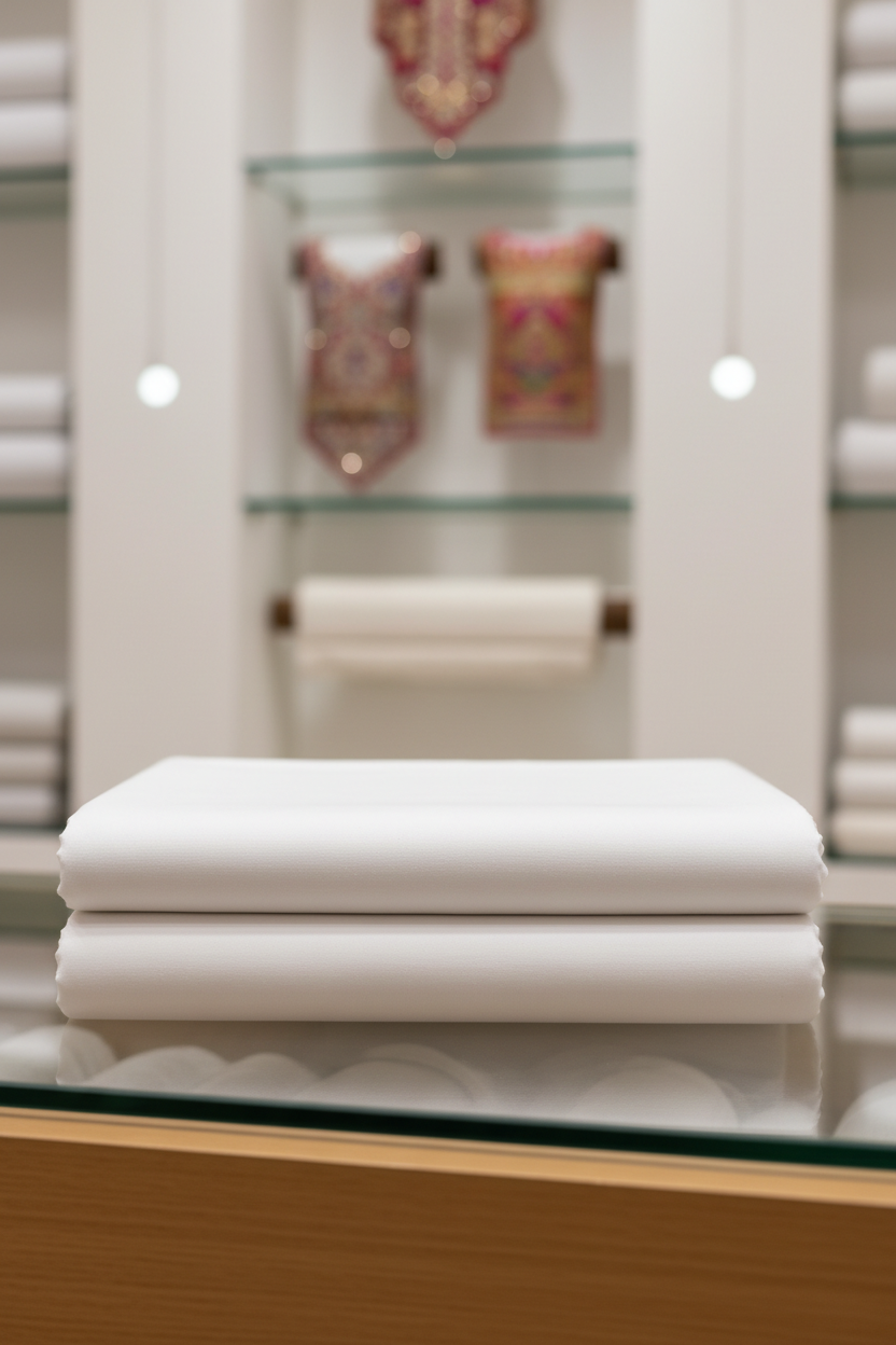 White royal cotton unstitched fabric in luxury textile store