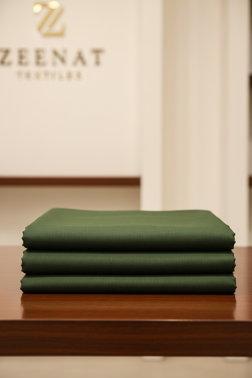Olive green premium unstitched fabric in luxury textile store