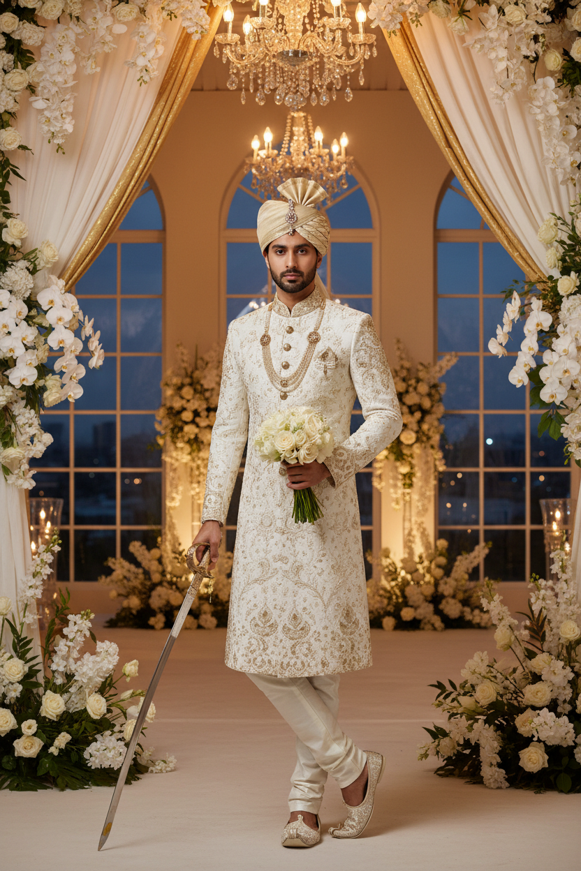 Pakistani groom wearing ivory gold embroidered wedding sherwani suit