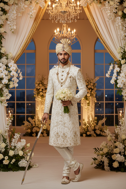 Pakistani groom wearing ivory gold embroidered wedding sherwani suit