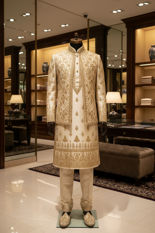 Premium men's wedding shalwar kameez displayed in luxury boutique