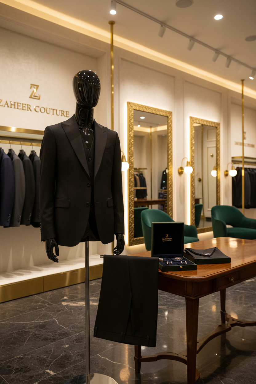 Black luxury fabric suit displayed in premium boutique