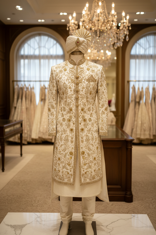 Premium men's wedding sherwani suit displayed in luxury boutique