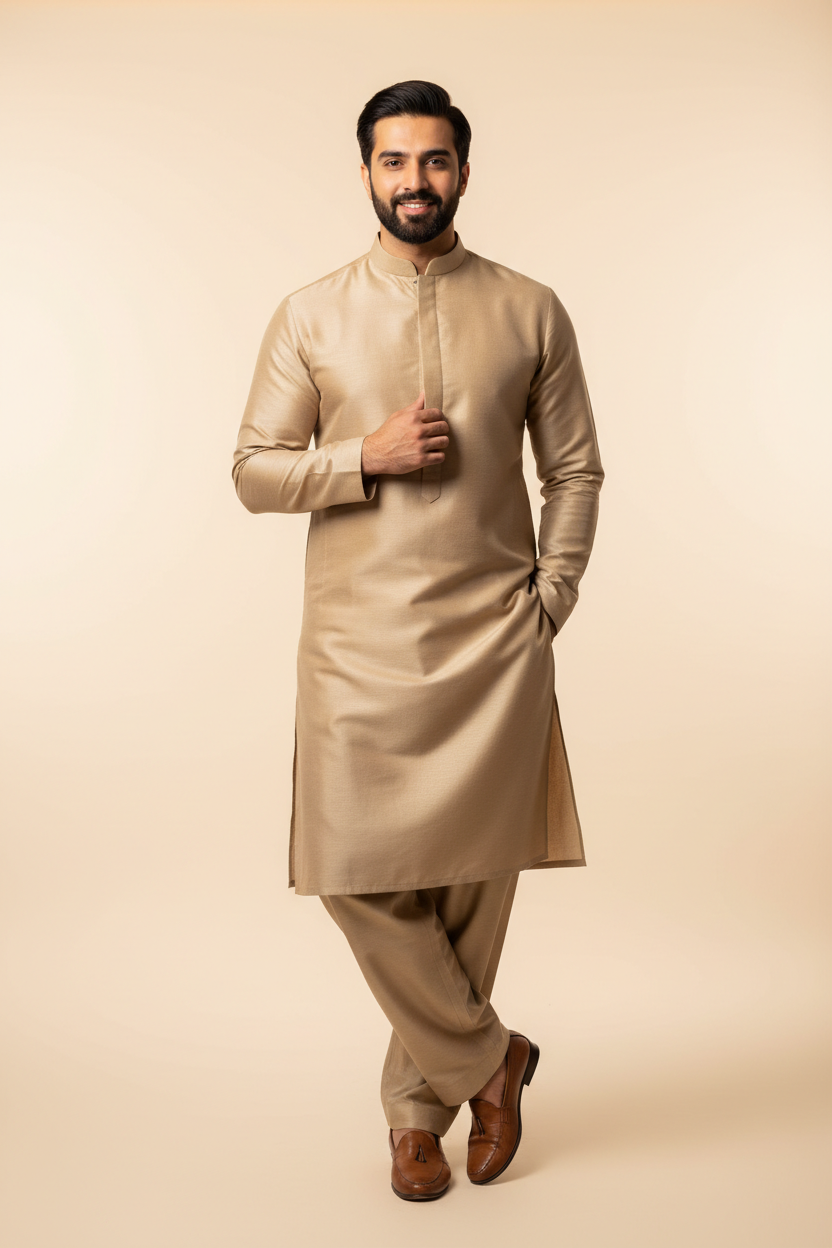 Man wearing desert beige shalwar kameez suit