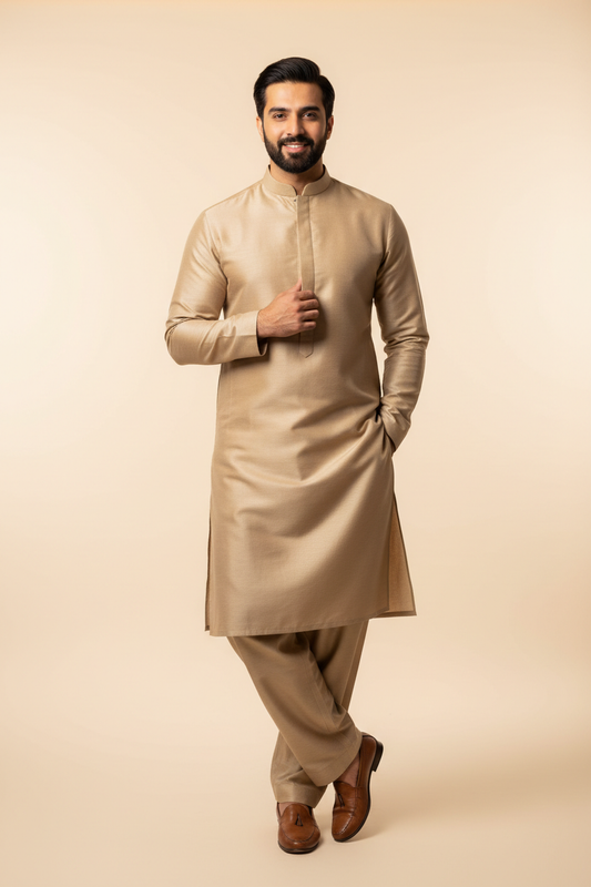 Man wearing desert beige shalwar kameez suit