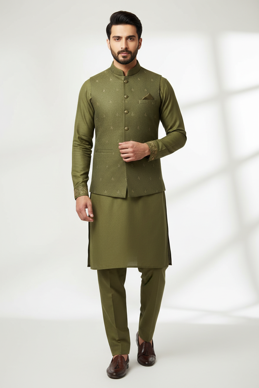 Man wearing olive green shalwar kameez suit