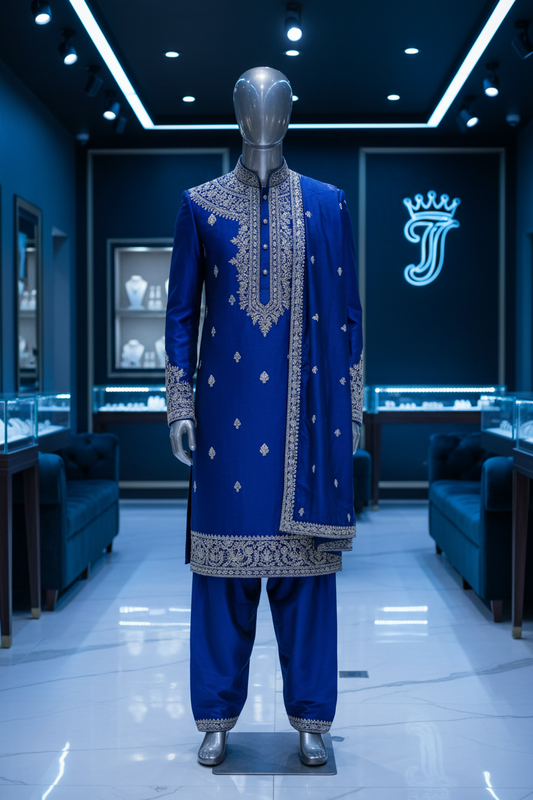 Royal blue wedding suit with silver embroidery displayed in luxury boutique