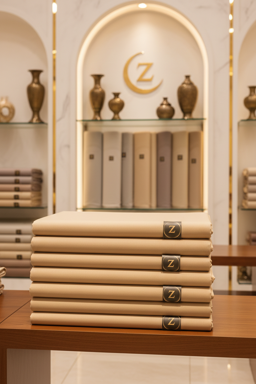 Desert beige unstitched fabric displayed in luxury textile boutique