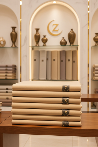 Desert beige unstitched fabric displayed in luxury textile boutique