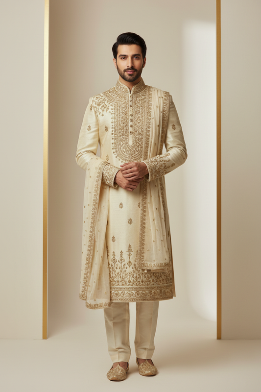 Man wearing premium cream and gold embroidered wedding shalwar kameez