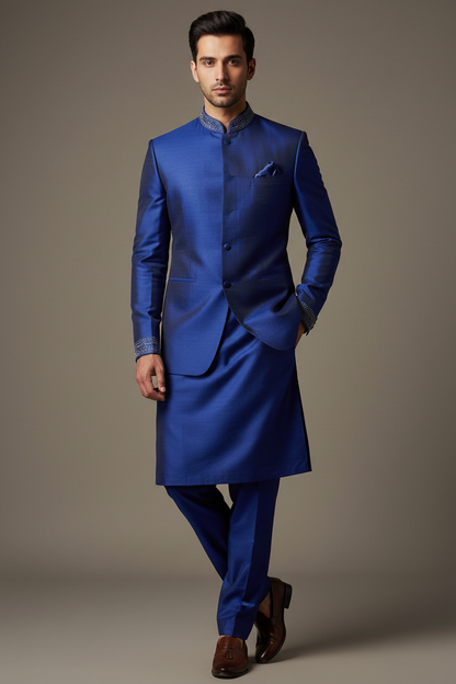 Man wearing sapphire blue shalwar kameez suit