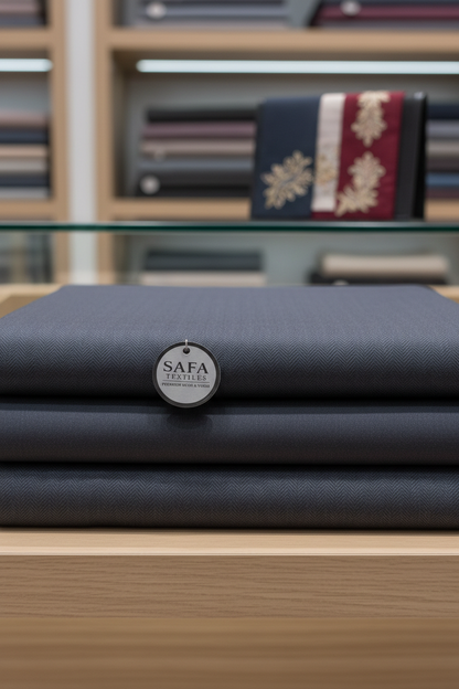 Charcoal grey premium unstitched fabric in luxury textile store