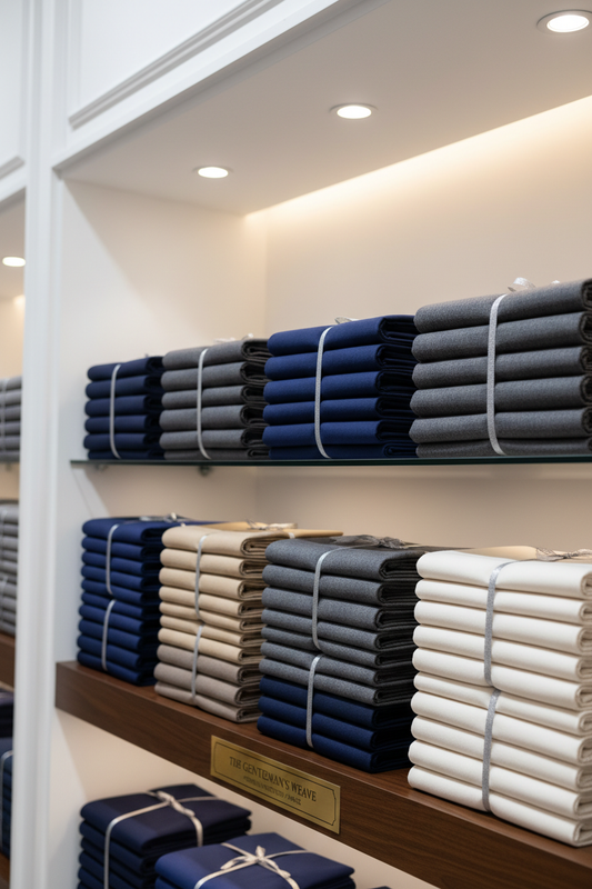 Premium men's wash and wear fabric displayed in luxury textile boutique