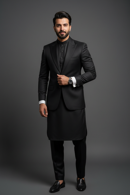 Man wearing black luxury shalwar kameez suit