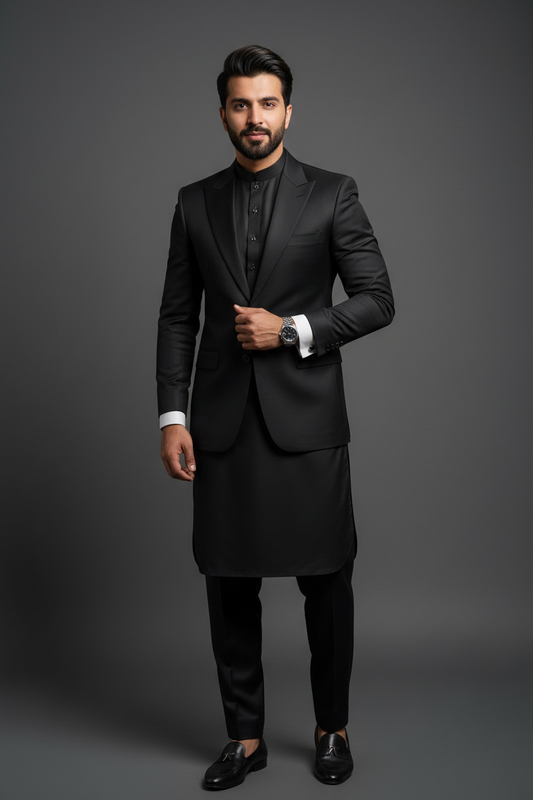 Man wearing black luxury shalwar kameez suit