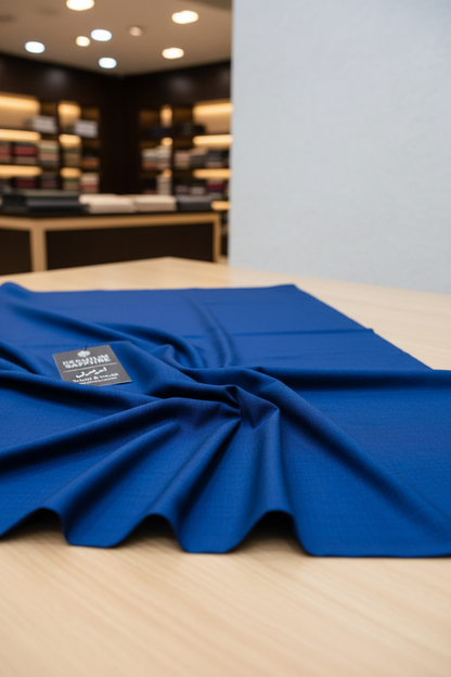 Sapphire blue unstitched fabric folded in luxury textile store